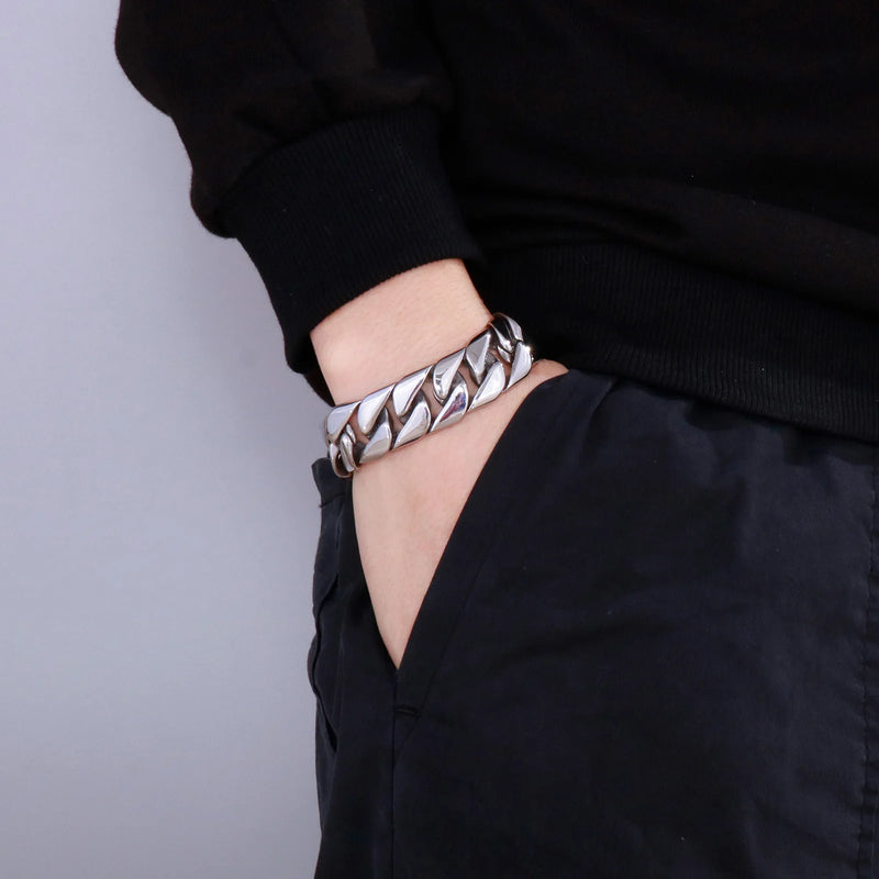 Fongten Cuban Chain Bracelet For Men Shiny Matte Stainless Steel Heavy Male Bracelets Bangle Silver Color Curb Jewelry