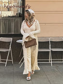 Elegant Knitted Hollow Out Long Dress Women Beach Ruffle Single-breasted Flare Sleeve Cardigan Robe Female Fashion Solid Dresses