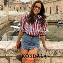 KONDALA Women Casual Trendy Striped Bow Shirt Single Breasted Shirt Fashion 2026 Spring Summer Holiday High Street Lady Shirt