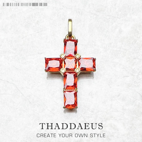 Golden Cross With Orange Stones Pendant Brand New Fine Jewelry Europe 925 Sterling Silver Accessories Gift For Woman