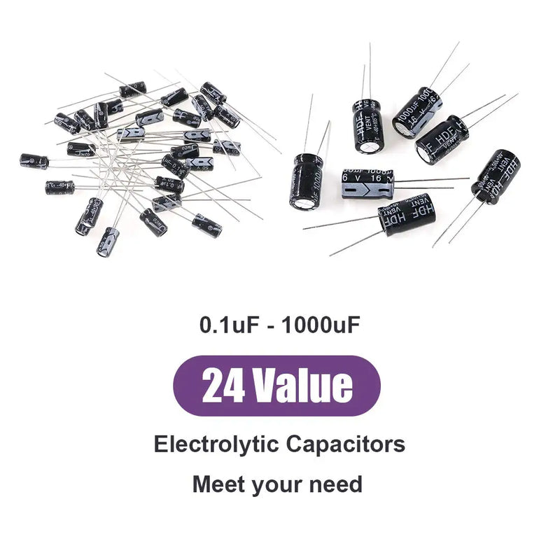 240pcs Aluminum Electrolytic Capacitor Electrolytic Capacitors Kit 24Value Range 0.1uF-1000uF Capacitors Assortment Kit