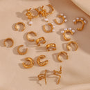 E.B.belle Double Layered Three Row Bead C-shaped Pearl Wave Checkered Snake Tangent Plane Stainless Steel Gold Color Ear Clip