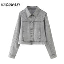 KADUWAKI Chic Able Faux Pearl Embellished Women's Short Denim Jacket 2-piece Set Retro Women's Elegant Zipper A-Line Mini Skirt