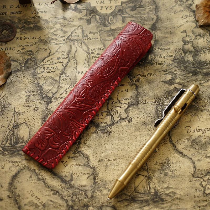 Genuine Leather Pencil Bag with Flower Embossed Leather Boy's and Girl's School Students Pen Holder Simple Retro Pencil Bag