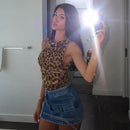 Women Leopard Tulle Bodysuit 2025 Summer Hollow Out Irregular Straps Snap-botton for Holiday Beach Style Streetwear