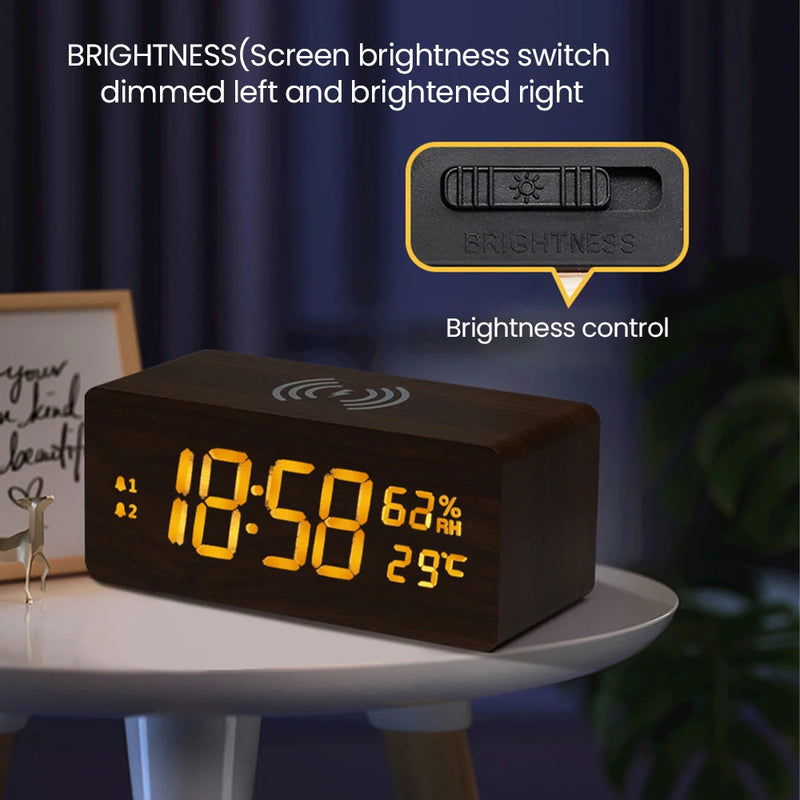 Alarm Clock LED Digital Wooden With Temperature Humidity USB/AAA Powered Electronic Desk Clocks Suppose Phone Wilreless Charging