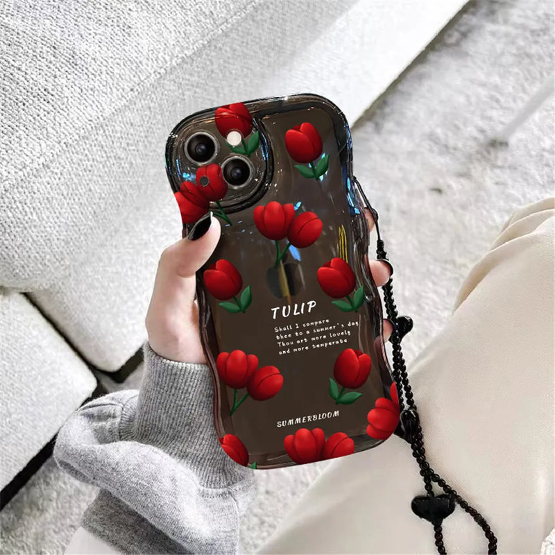 Korea Cute Wave Rose Flower Love Heart Hang Chain Soft Case For iPhone 14 Pro Max 12 13 11 X XS XR 7 8 Plus SE Clear Cover Capa