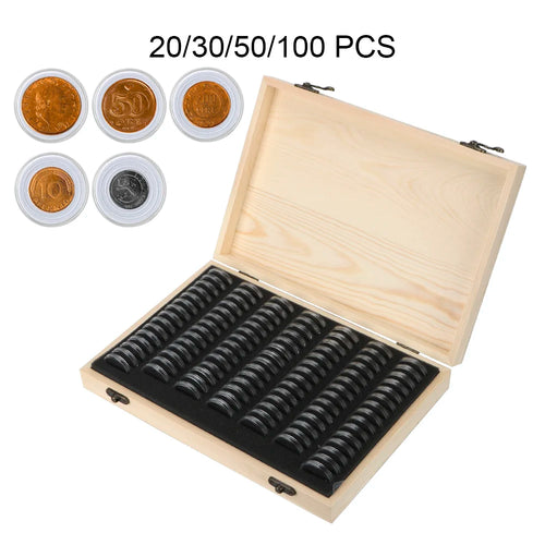 20/30/50/100PCS Verstellbares antioxidatives Holz-Gedenkmünzen-Sammelgehäuse mit Anpassungspad Münzaufbewahrungsbox