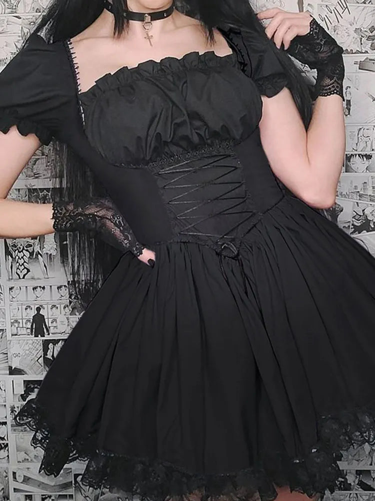 InsDoit Gothic Black Corset Dress Women Harajuku Vintage Lace Aesthetic Lace Up High Waist Mini Dress Punk Elegant A Line Dress