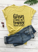 Horses Make Me Happy Bedrucktes New Arrival Damen Lustiges Freizeit-T-Shirt aus 100% Baumwolle, Farm-Shirts, Cowgirl-Tees, Country-Shirt
