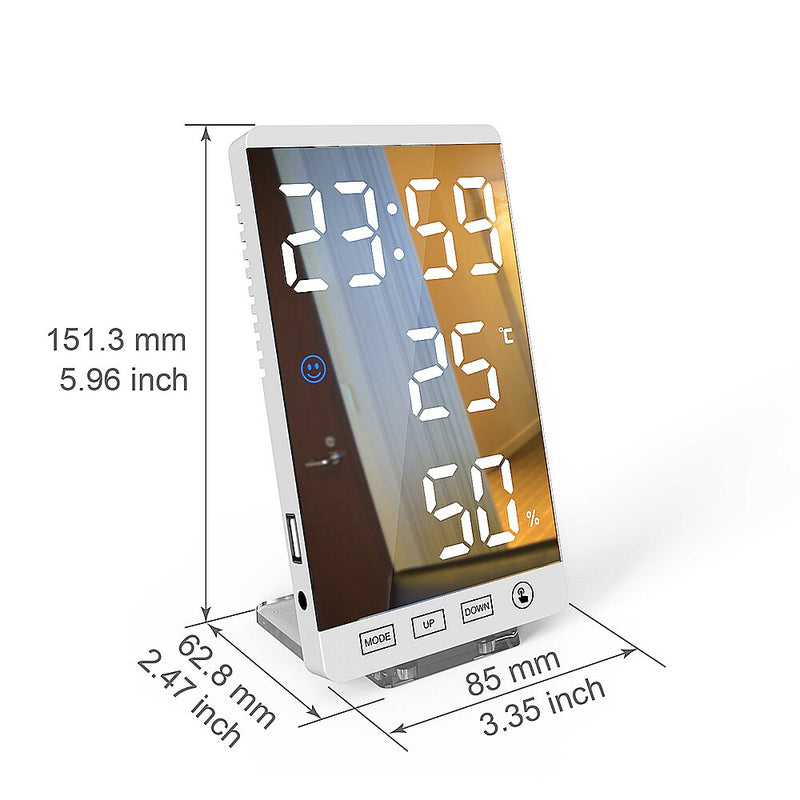 6 Inch LED Mirror Alarm Clock Touch Button Wall Digital Clock Time Temperature Humidity Display USB Output Port Table Clock