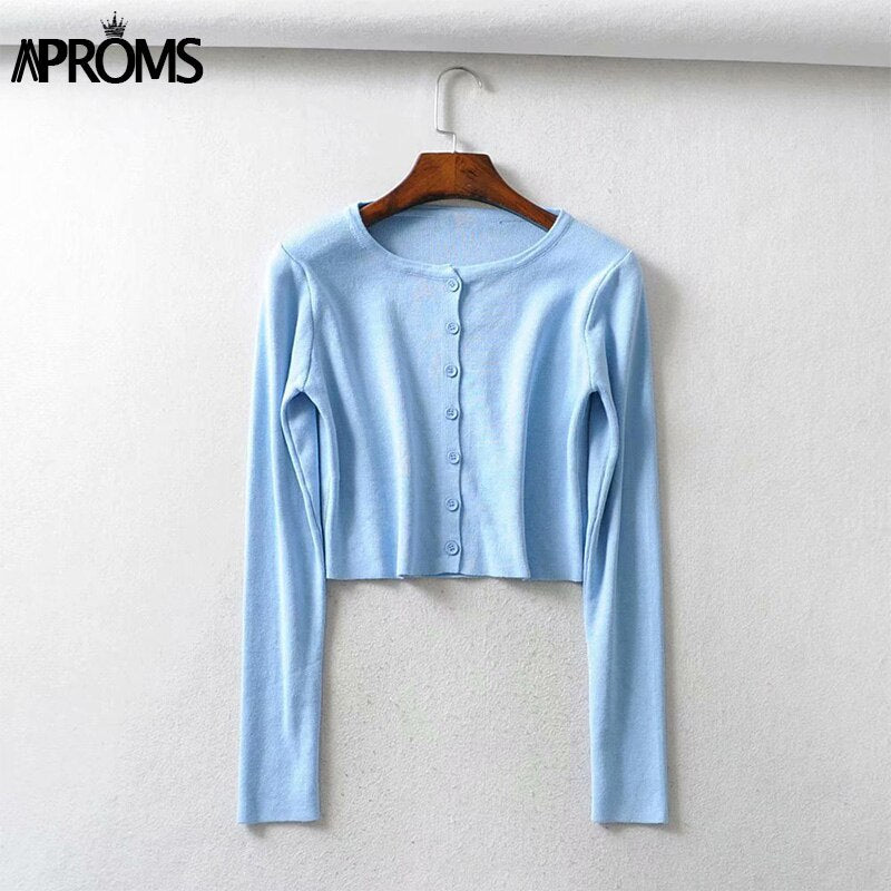 Aproms Candy Color Ribbed Knitted Cardigan Women Autumn Spring Long Sleeve Basic Cropped Sweaters Female Casual Short Jumper Top