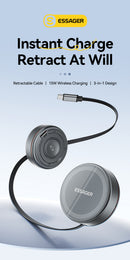 Essager 15W 3 in 1 Magnetic Wireless Charger With 96cm Retractable Type-C Cable For iPhone 16 15 14 13 Pro Max Airpods Watches