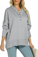 Funlingo Womens Oversized Hoodie Sweatshirt Casual Button V Neck Pullover Long Sleeve Hooded Tops With Pockets