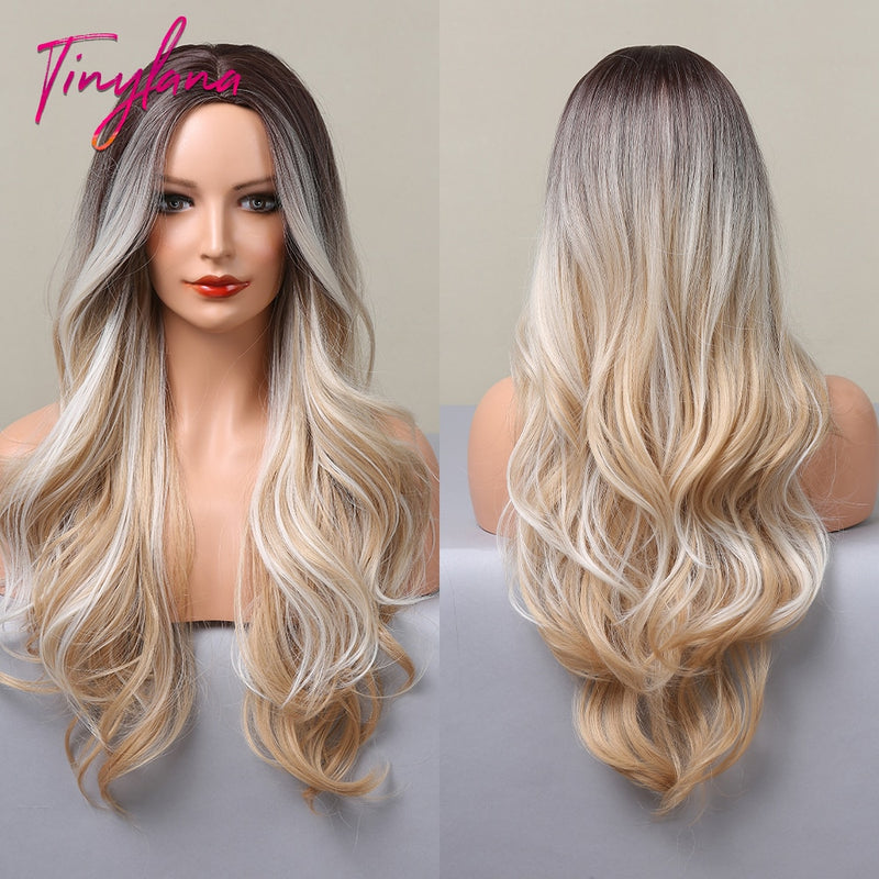 TINY LANA Synthetic Long Ombre Wavy Wigs Brown Blonde Middle Part Cosplay Wigs with Bangs For Women Long Hair Wigs Fake Hair