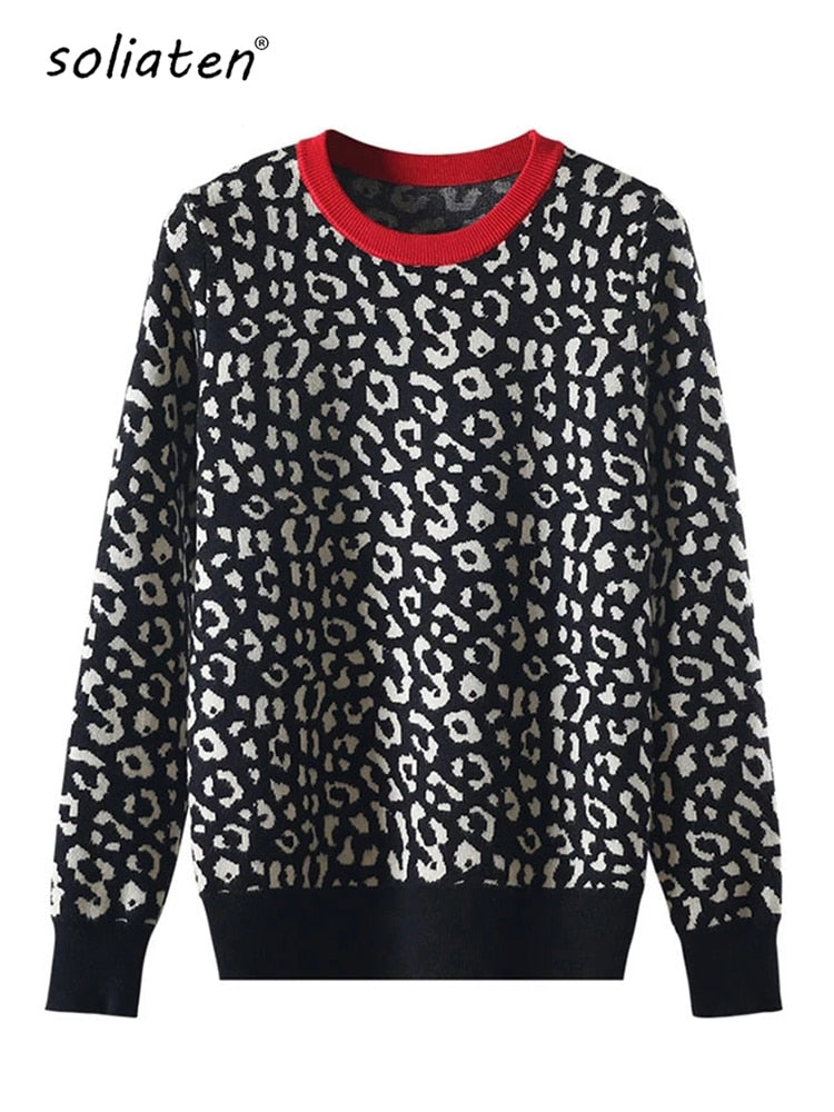 Suéteres de Otoño Invierno para Mujer, jerséis de punto de leopardo, jerséis de cuello redondo de Color de contraste de manga larga, jerséis de Mujer C- 026