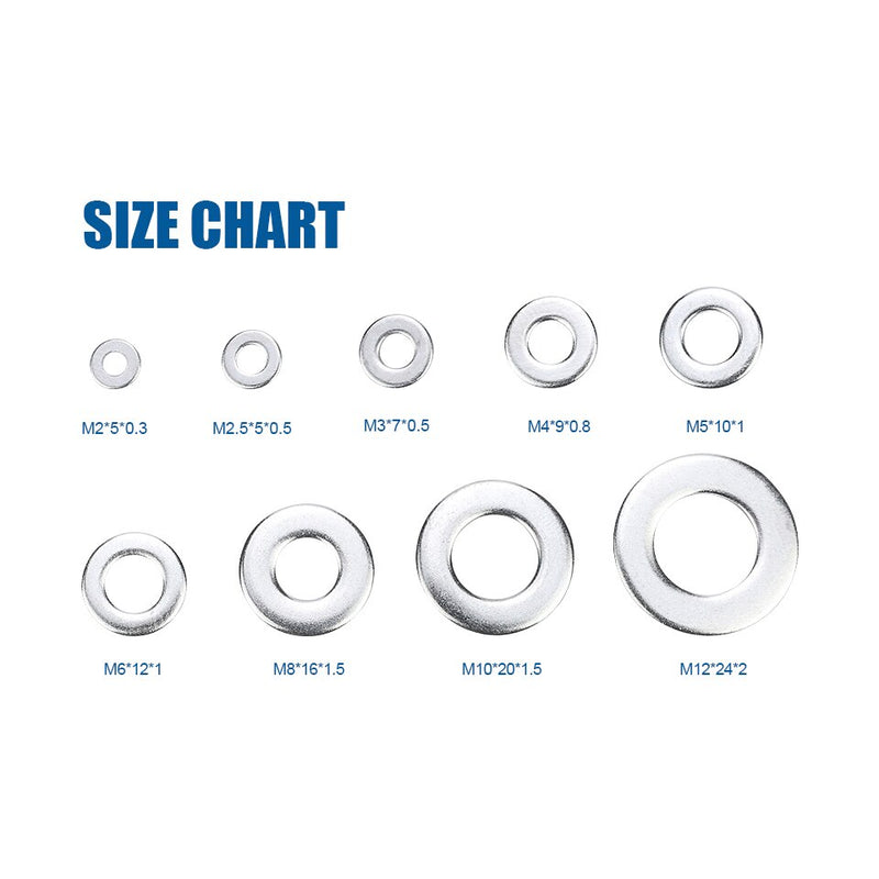 620/1010 Stück Unterlegscheiben-Set Edelstahl M2 M3 M4 M5 M6 M8 M10 M12 Ringdichtungssatz Unterlegscheiben Unterlegscheiben-Sortiment aus Metall