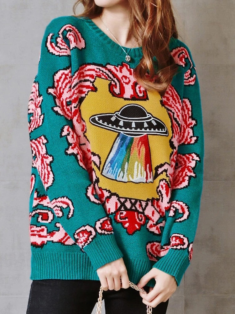 Mujeres Nuevo Vintage Cálido Espesar Suéteres UFO Nubes Jacquard Jerseys Otoño Invierno Punto Retro Suelto Tops Blusas C-012