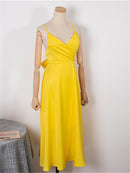 Colorfaith New 2022 Sundress Dress With A Halter Top Strapless Backless Sexy Satin Retro Women Spring Summer Pure Dresses DR2019