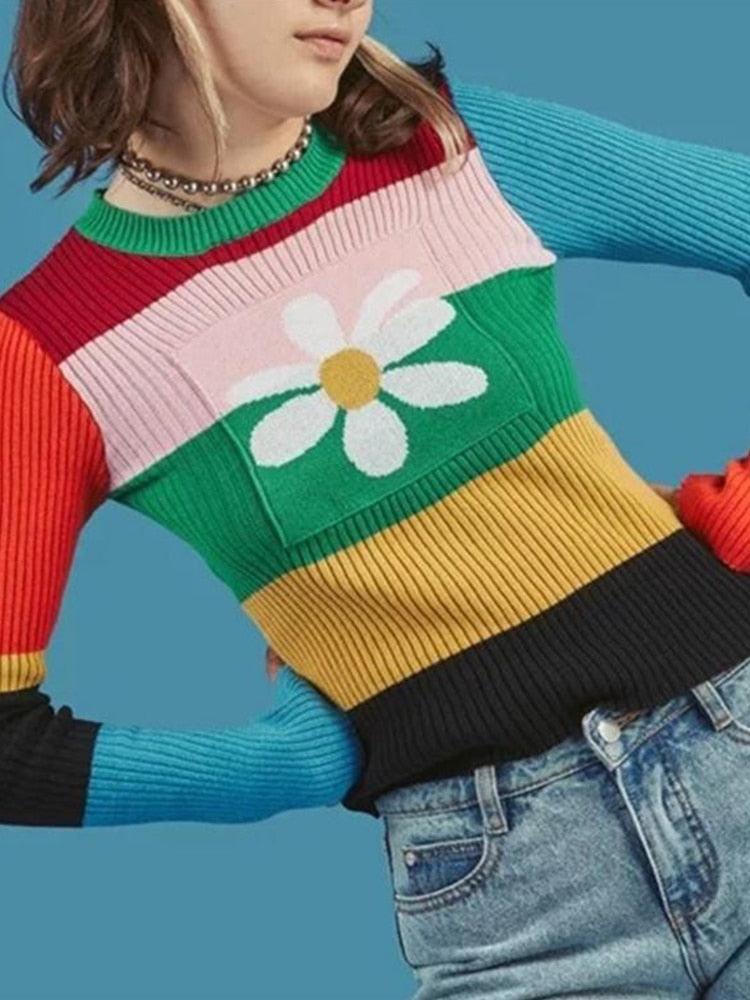 InstaHot Striped Rain Bow Knitted Sweater Women 2018 Autumn Flower O Neck Elastic Stretchy Sweater Cotton Tops Multicolor Winter