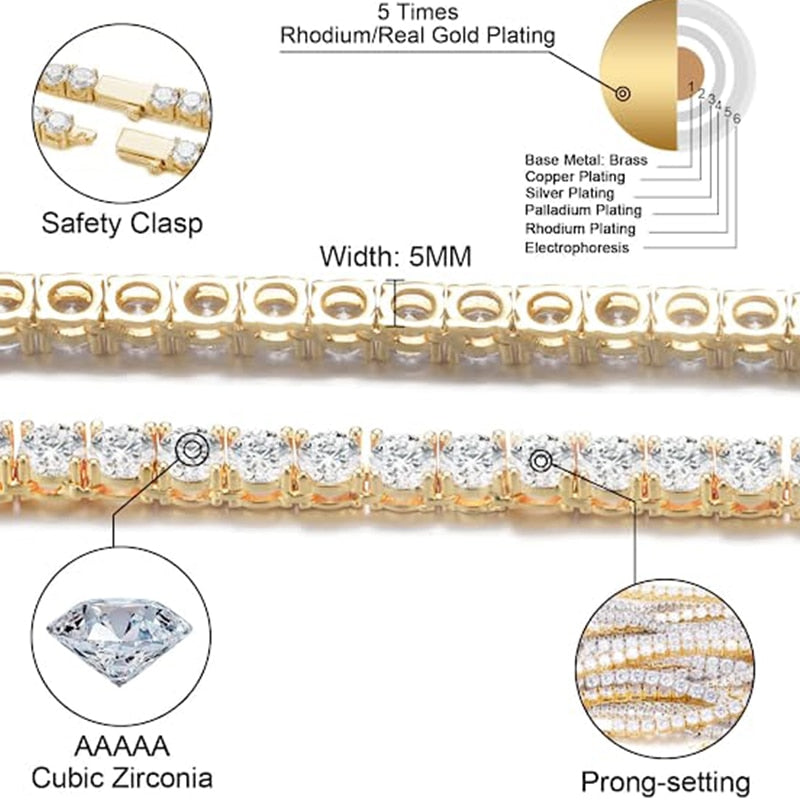 D&amp;Z 3MM-6MM Spring buckle Iced Out Full Cubic Zircon 1 Row Tennis Chain Necklace Gold Silver Color Hip Hop Jewelry