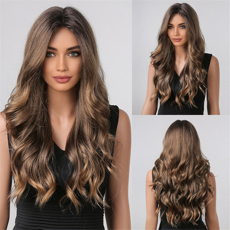 TINY LANA Synthetic Long Ombre Wavy Wigs Brown Blonde Middle Part Cosplay Wigs with Bangs For Women Long Hair Wigs Fake Hair