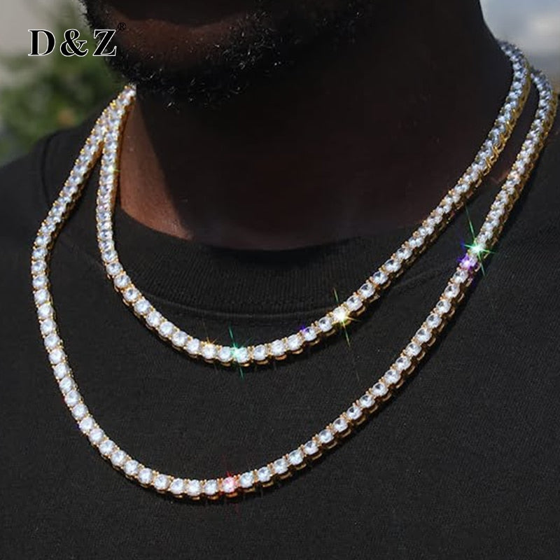 D&amp;Z 3MM-6MM Federschnalle Iced Out Voller Kubikzirkon 1 Reihe Tenniskette Halskette Gold Silber Farbe Hip Hop Schmuck