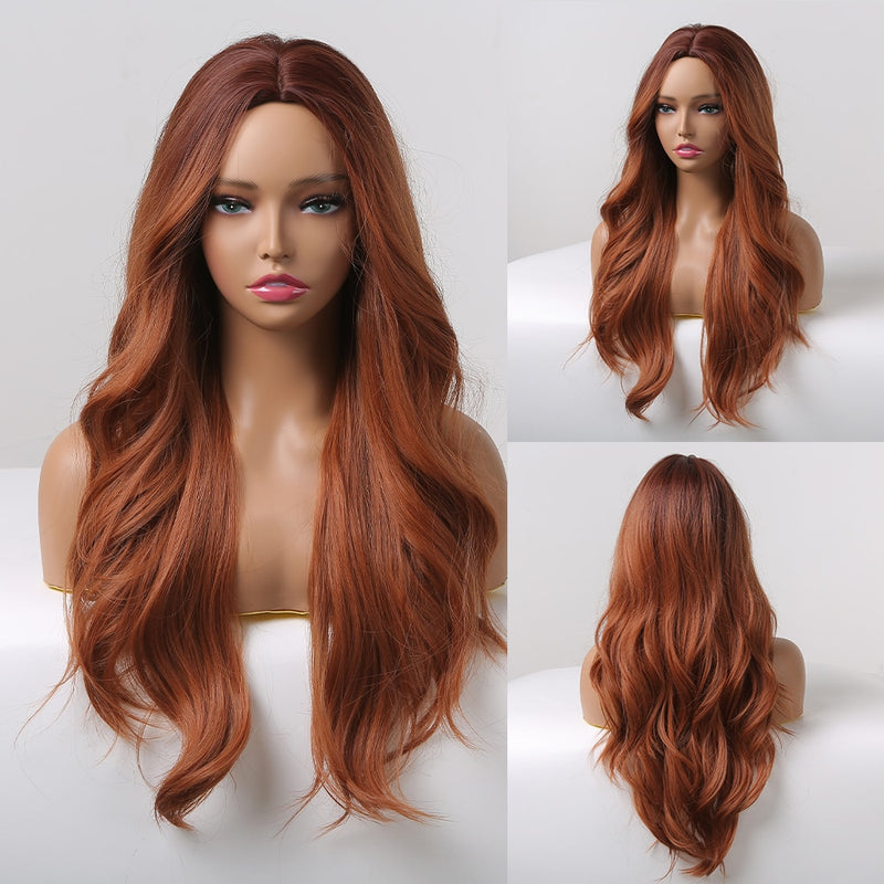 TINY LANA Synthetic Long Ombre Wavy Wigs Brown Blonde Middle Part Cosplay Wigs with Bangs For Women Long Hair Wigs Fake Hair