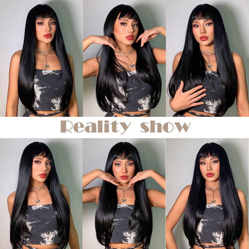 HENRY MARGU Long Straight Black Synthetic Wigs With Bangs Natural Fake Hairs for Women Afro Heat Resistant Cosplay Daily Wigs