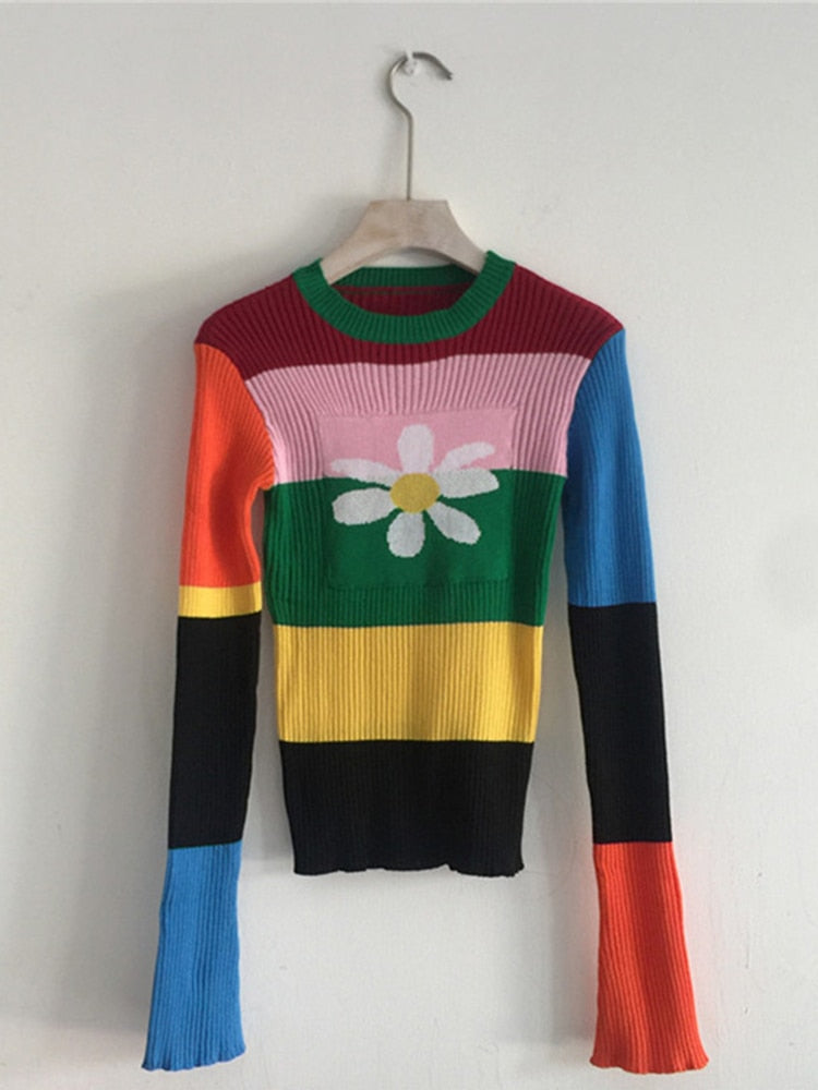 InstaHot Striped Rain Bow Knitted Sweater Women 2018 Autumn Flower O Neck Elastic Stretchy Sweater Cotton Tops Multicolor Winter