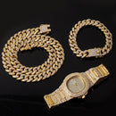 Necklace +Watch+Bracelet Hip Hop Miami Curb Cuban Chain Gold Color Iced Out Paved Rhinestones CZ Bling Rapper For Men Jewelry