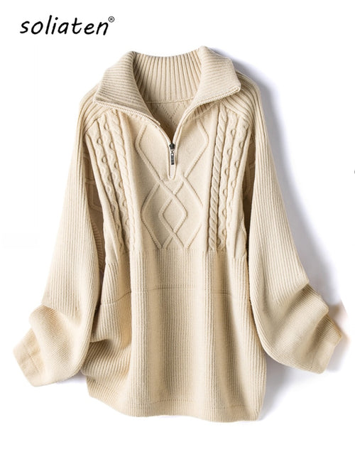 Women's Oversized Cable-knit Wool Sweater Thick Warm Knitted Pullover Solid Long Sleeve Turtleneck  Zip Up Winter Coat C-295