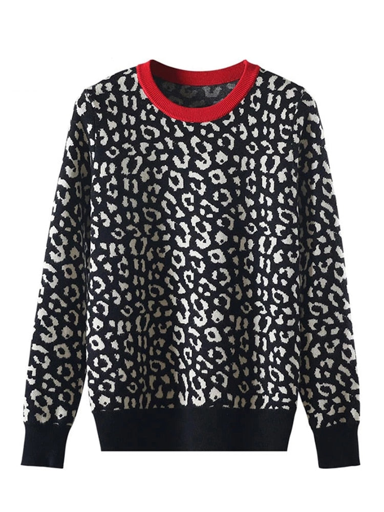 Autumn Winter Women Sweaters Leopard Knitted Pullovers Long Sleeve Contrast Color Crewneck Jumpers Sweter Mujer C- 026