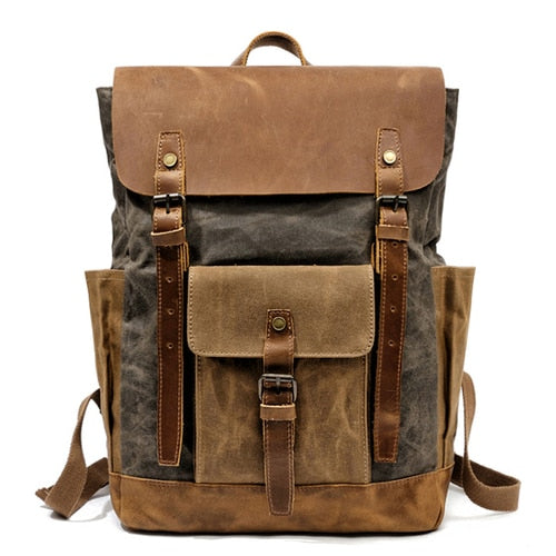 Vintage and Contrast Color Oil Wax Waterproof Travel Backpack Canvas Bag Backpack Computer Bag Large Capacity Backpack