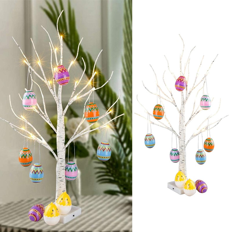 Decoración de Pascua de 60cm, luz LED de árbol de abedul, huevos de Pascua, adorno colgante, árbol, suministros para fiestas de Pascua, decoraciones de Pascua para la mesa del hogar
