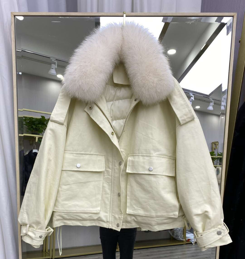 Janveny Real Fox Fur Women's Down Jacket 2021 Short Loose 90% White Duck Down Coat Fashion Female Big Pocket Puffer Snow Outwear