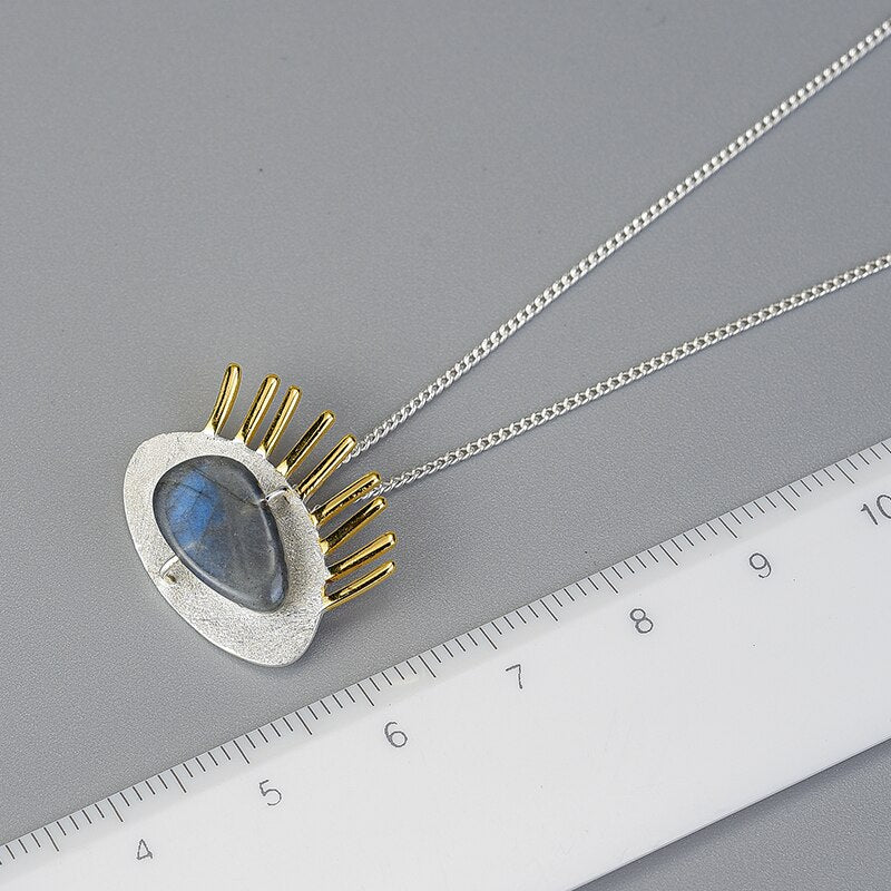 Lotus Fun Real 925 Sterling Silver Natural Labradorite Fine Jewelry Interesting Gold Eyelashes Pendant without Chain for Women