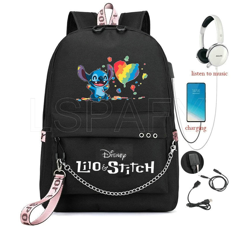 Disney Kawaii Stitch Bag Zipper USB Charging Mochila Capacity Backpack Women Kpop School Bags for Teenage Girls Students