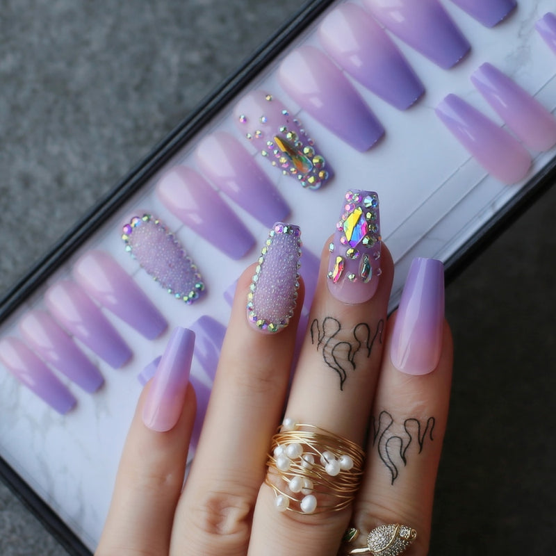 Box gift ombre Purple Lavender coffin false nails Crystal design design caviar Shaped drill Trapezoid fake nails Custom logo