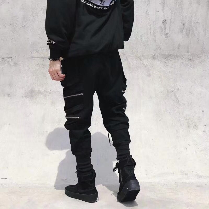 Herren Seitentaschen Haremshose 2022 Herbst Hip Hop Lässige Bänder Design Männliche Joggerhose Mode Streetwear Hose Schwarz