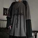 QWEEK Gothic Goth Style T-Shirt 2021 Mall Goth Tops Punk Langarm Oversized T-Shirt Fake Two-Piece Street Fashion Korean Style