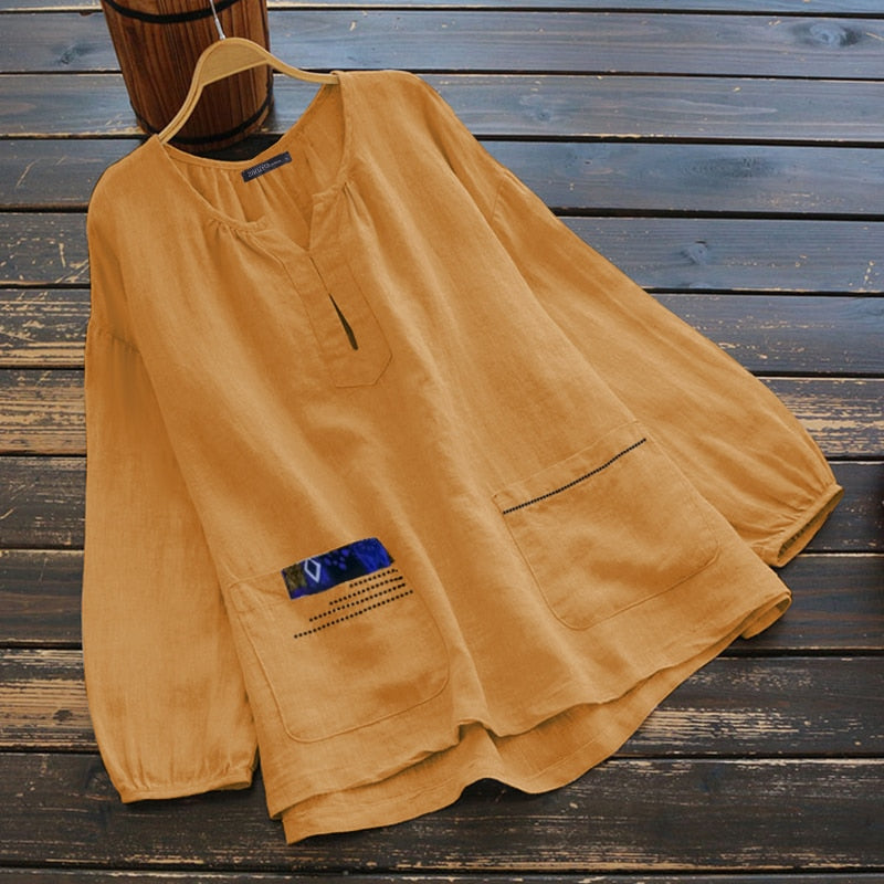 2022 ZANZEA Elegant Patchwork Tops Woman Autumn Blouse Long Sleeve Shirts Female Casual Blusas Female Cotton Chemise