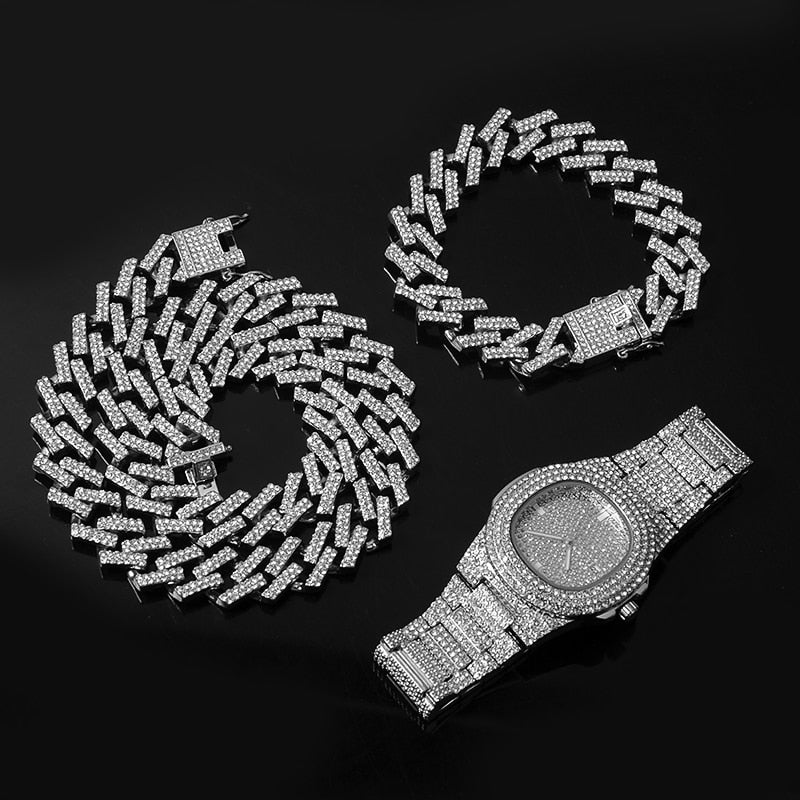 Necklace +Watch+Bracelet Hip Hop Miami Curb Cuban Chain Gold Color Iced Out Paved Rhinestones CZ Bling Rapper For Men Jewelry