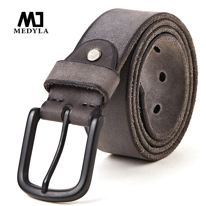 MEDYLA 100% cinturón de cuero original para hombre hebilla de pin de metal mate cinturón de cuero suave y resistente para hombres sin cinturón de capa intermedia para hombre