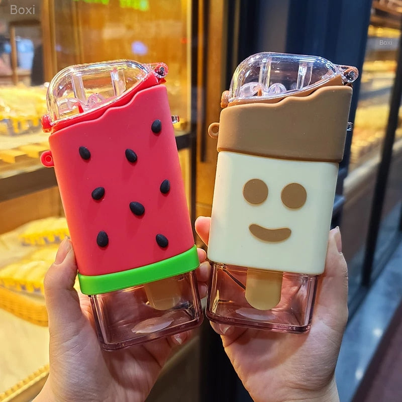 Hot Summer Cute Donut Ice Cream Water Bottle With Straw Creative Square Watermelon Cup Portable Leakproof Tritan Bottle BPA Free