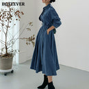 BGTEEVER 2020 Vintage Chic Women A-line Long Denim Dress Autumn Winter Single-breasted Belted Female Jeans Dress Loose Vestidos