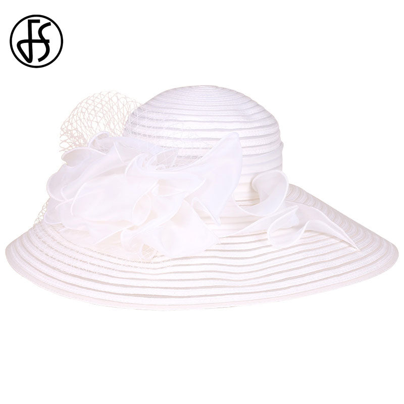 FS negro blanco elegante mujer iglesia sombreros para damas flores ala grande Organza sombrero playa sol Kentucky Derby sombrero Fedora