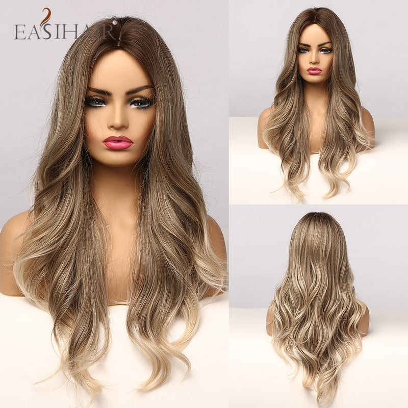 EASIHAIR Long Body Wave Light Brown Wigs with Blonde Highlights Middle Part Cosplay Heat Resistant Synthetic Hair Wigs for Women