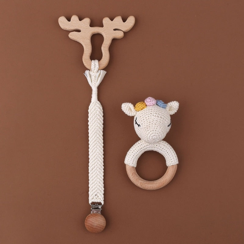 Baby Silicone Teether Wooden Rattle Toys Double Side Cotton Bibs Sleeping Dolls Soothe Appease Towel Newborn Nurse Accessories