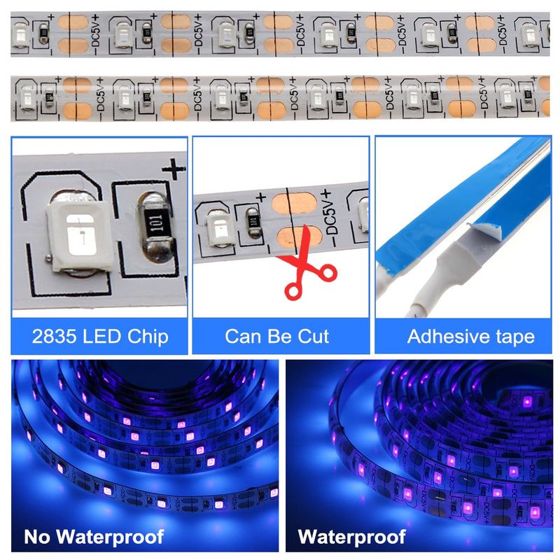 UV-LED-Lichtstreifen 5 V DC 2835 0,5 m, 1 m, 2 m, wasserdichtes lila Band, USB-Seilband für DJ-Fluoreszenz